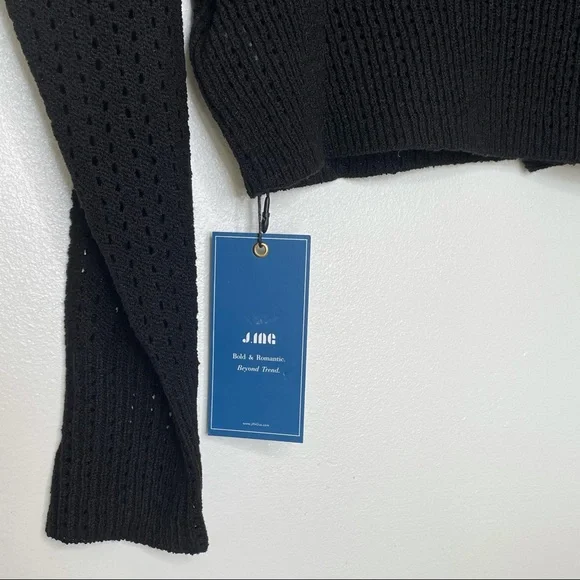 J.ING Black Crop Cardigan Open Knit Long Sleeve V-neck Button Small Medium NWT - Picture 7 of 9